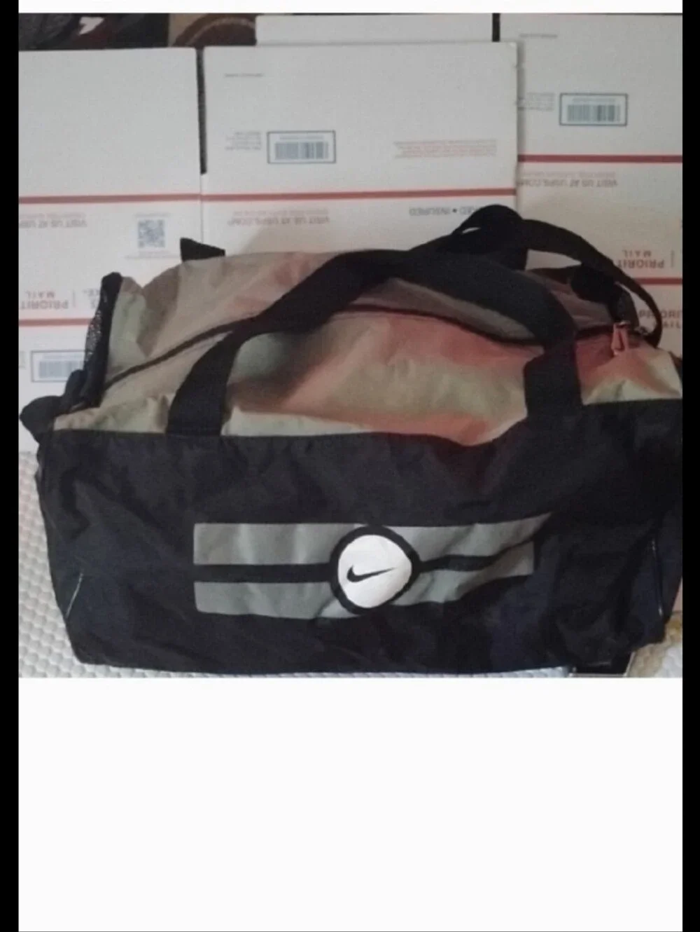 Nike Black and Light Gray Duffel Bag with Logo Stripes